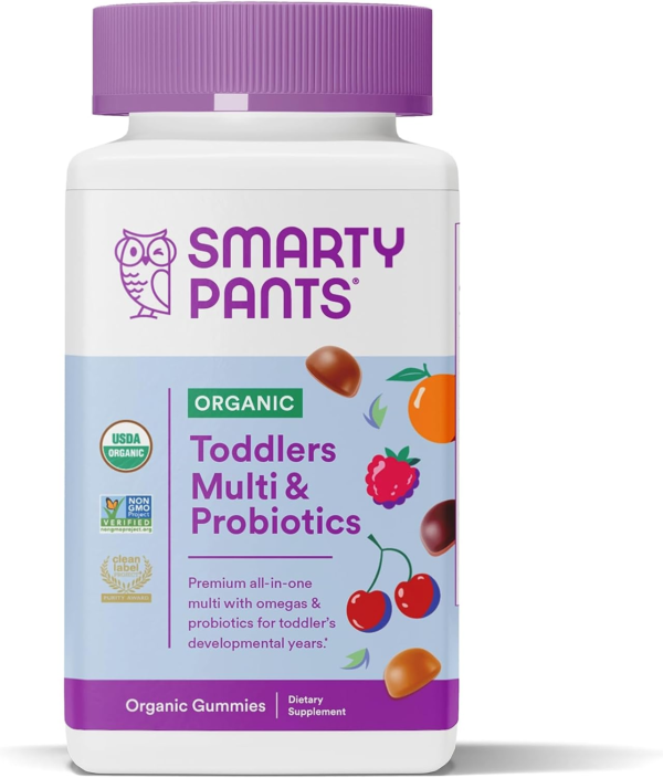 Smartypants Organic Toddler Multivitamin, Daily Gummy Vitamins: Probiotics, Vitamin C, D3, Zinc, & B12 for Immune Support, Energy & Digestive Health, Fruit Flavor, 60 Gummies, 30 Day Supply