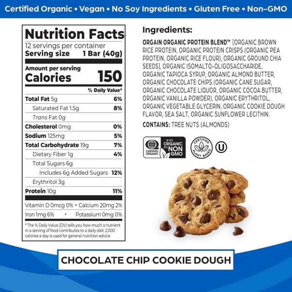 Organic Vegan Protein Bars, Chocolate Chip Cookie Dough - 10G Plant Based Protein, Gluten Free Snack Bar, Low Sugar, Dairy Free, Soy Free, Lactose Free, Non GMO, 1.41 Oz (12 Count) - Image 2