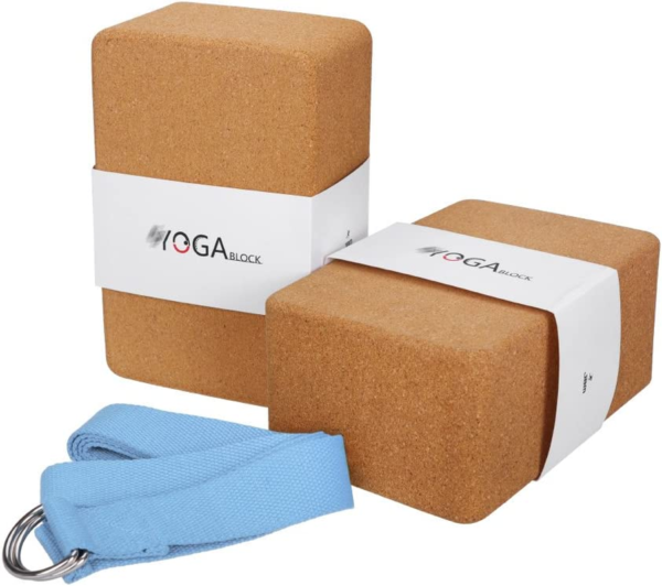 Cork Yoga Blocks 2 Pack with Strap, Cork Yoga Blocks Cork Yoga Bricks Cork Stretch Blocks Set of 2 Cork Yoga Block Stretch Block 2 Set Cork Yoga Cube Stretch Block for Splits, Stretching Blocks