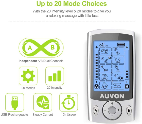 Dual Channel TENS Unit Muscle Stimulator Machine with 20 Modes, 2" and 2"X4" TENS Unit Electrode Pads - Image 4